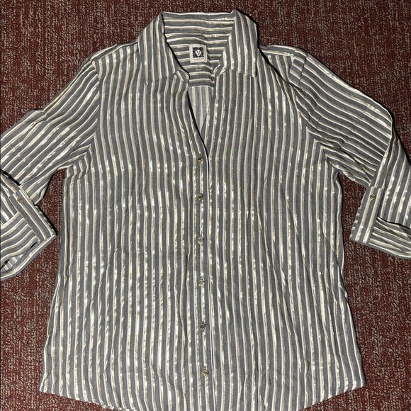 Anne Klein metallic stripe button down women’s small business shirt 3/4 sleeve - Picture 1 of 13